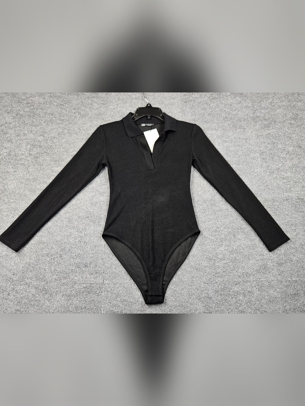 Zara Women Black Long Sleeve Polo Collar V-Neck Bodysuit Size Medium